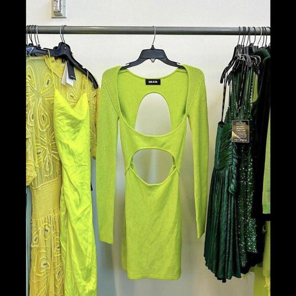 SER.O.YA Women’s Knit Bodycon Cut Out Mini Dress Small Green Long Sleeve Holiday - Picture 1 of 8